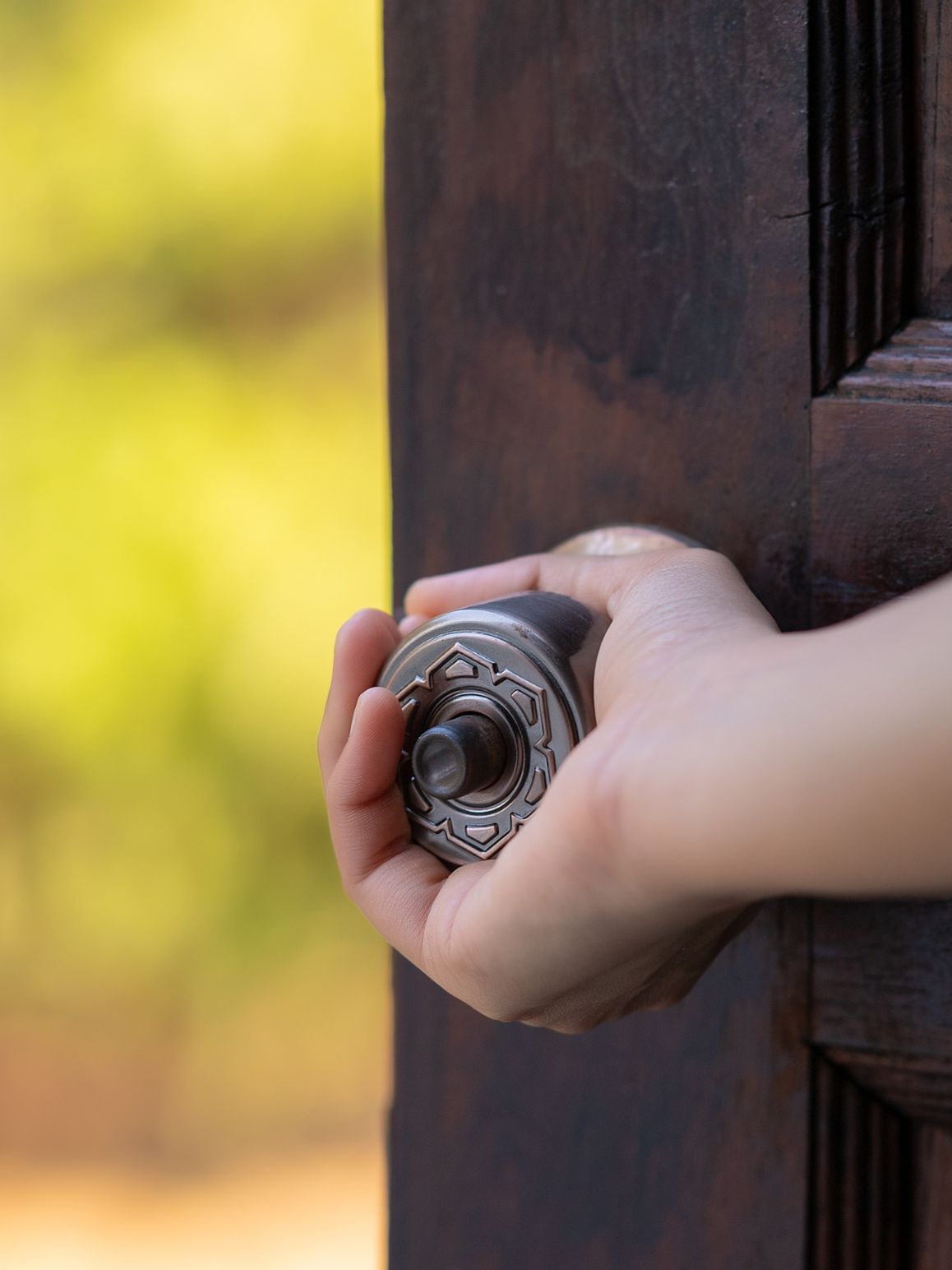 Hand opening up doorknob with outdoors in the background