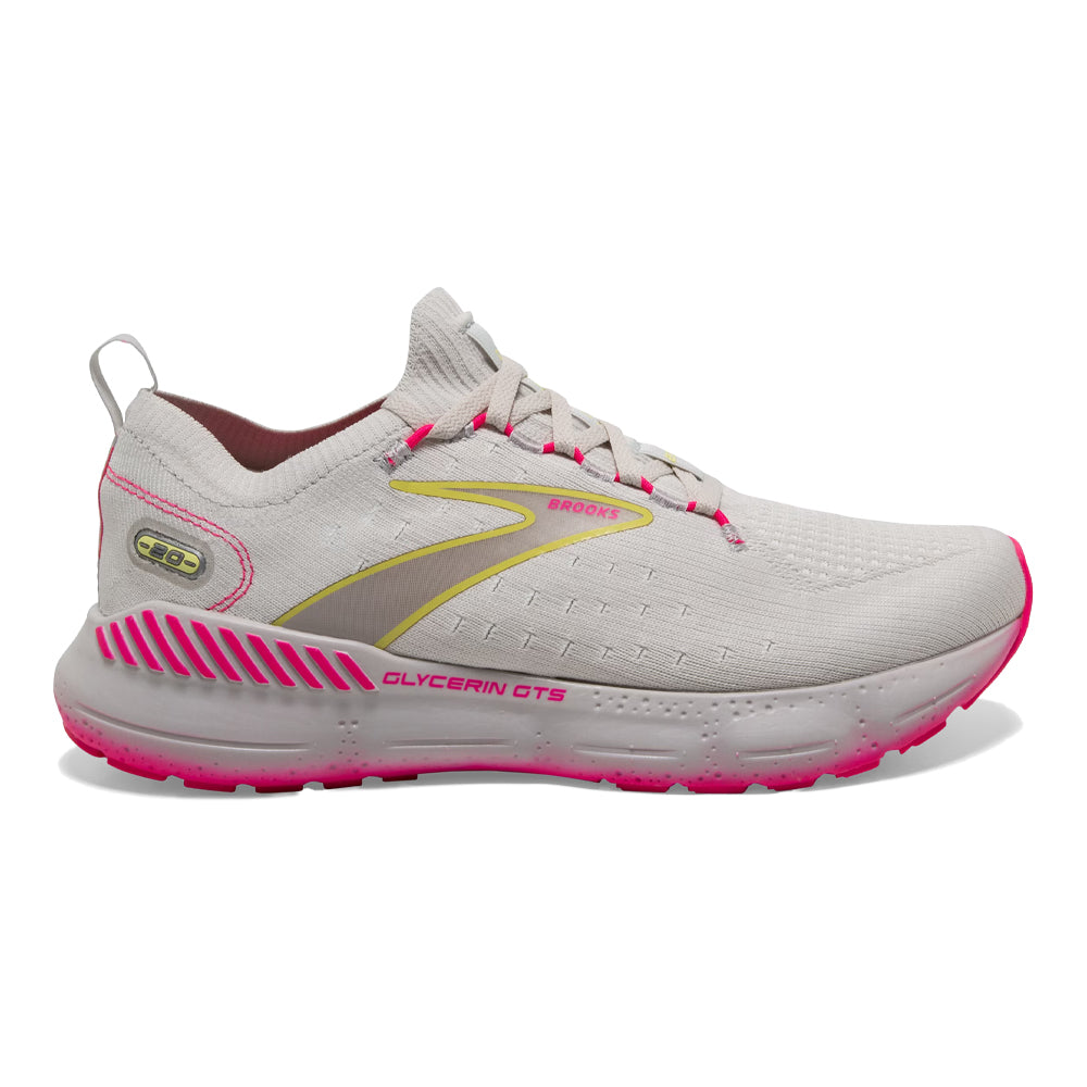 Women's Brooks Glycerin StealthFit GTS 20, Grey/Yellow/Pink, 5 B Medium